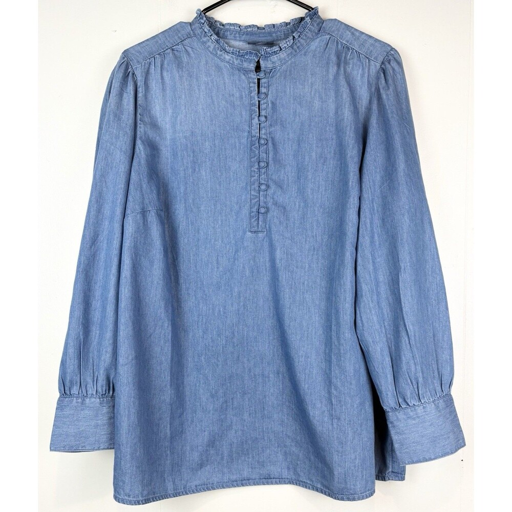 J Jill Denim Blouse XL Long Sleeve Cotton High Neck Office Career Chambray Blue - Picture 2 of 9